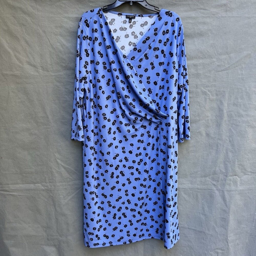 Talbots Plus Sz 2X Blue Black Stretch Jersey Dress Faux Wrap Daisy Knee Length - Picture 1 of 4